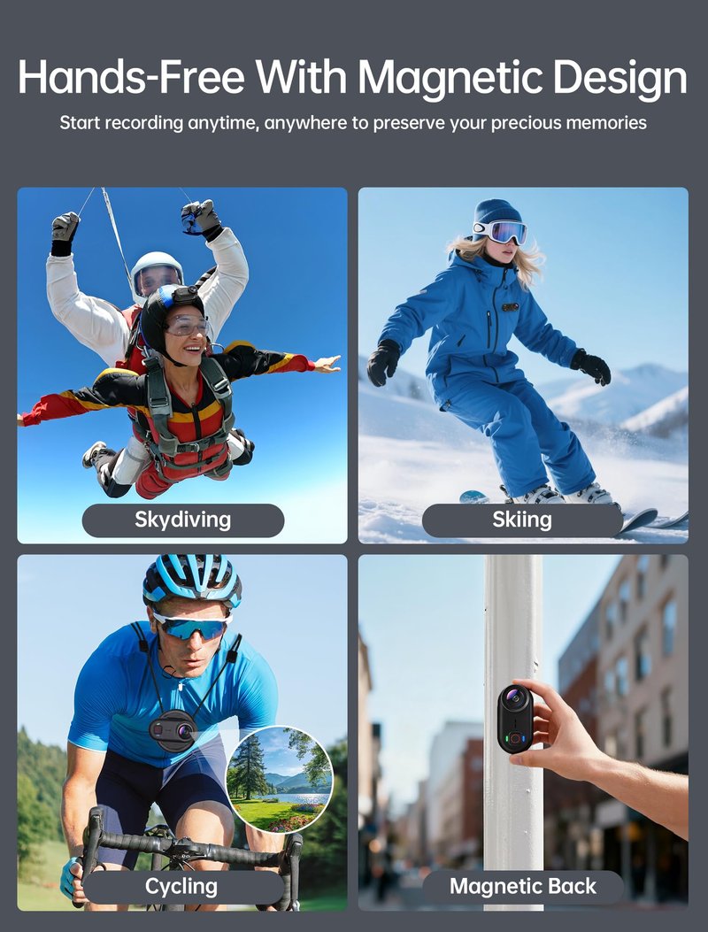 4K Mini Body Action Cameras POV Body Cam, 64GB Sports Camera with Audio Video Recording, Portable WiFi Magnetic Wearable Waterproof Thumb Camera for Motorcycle Vlogging Skiing Cycling Hiking-Black