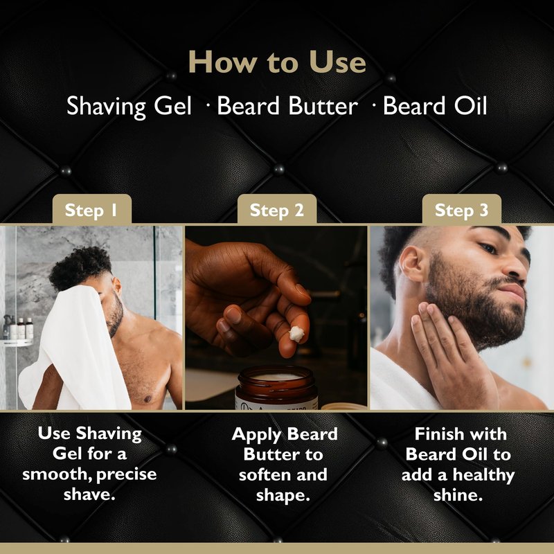 DandyMen Beard Grooming Set for Men – Beard Oil, Beard Butter & Shaving Gel – Obsidian Cardamom Scent – Hydrating & Softening Kit for Growth & Styling – 3-Piece Set
