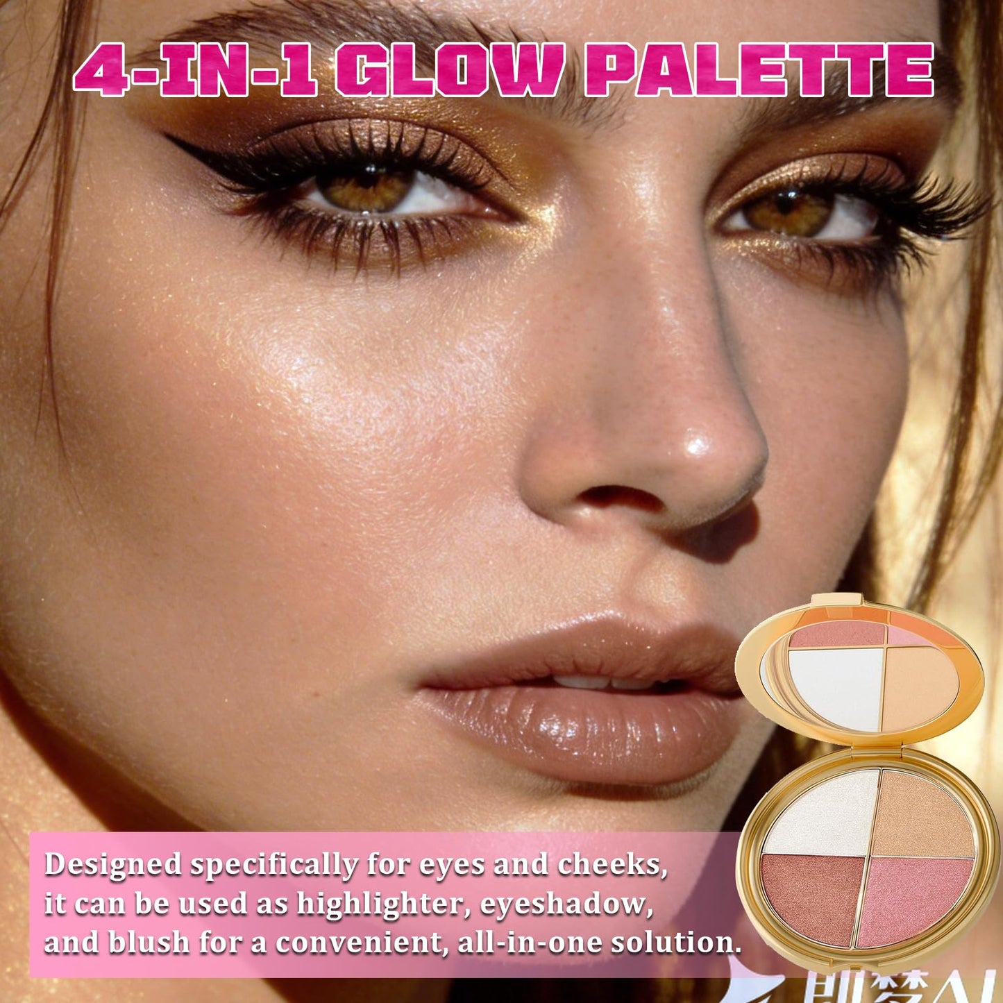 Eye & Cheek Palette with 1 Pcs Blush Brush, Multifunctional Blush Palette, Eyeshadow and Highlighter Makeup, 4-In-1 Natural Glow Contour Powder for Women