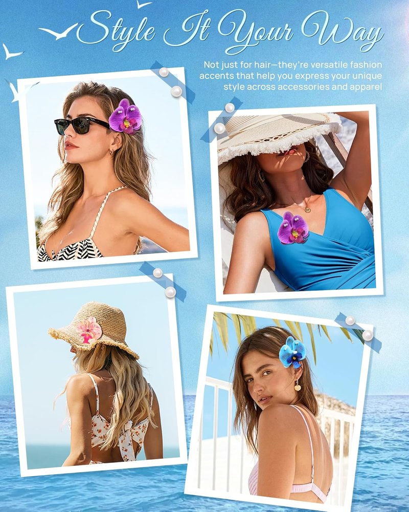 Hawaiian Flower Hair Clips - 3 Pack Tropical Orchid Pins with Pearl | Bridal & Beach Party Accessories (Blue, Purple, Pink)