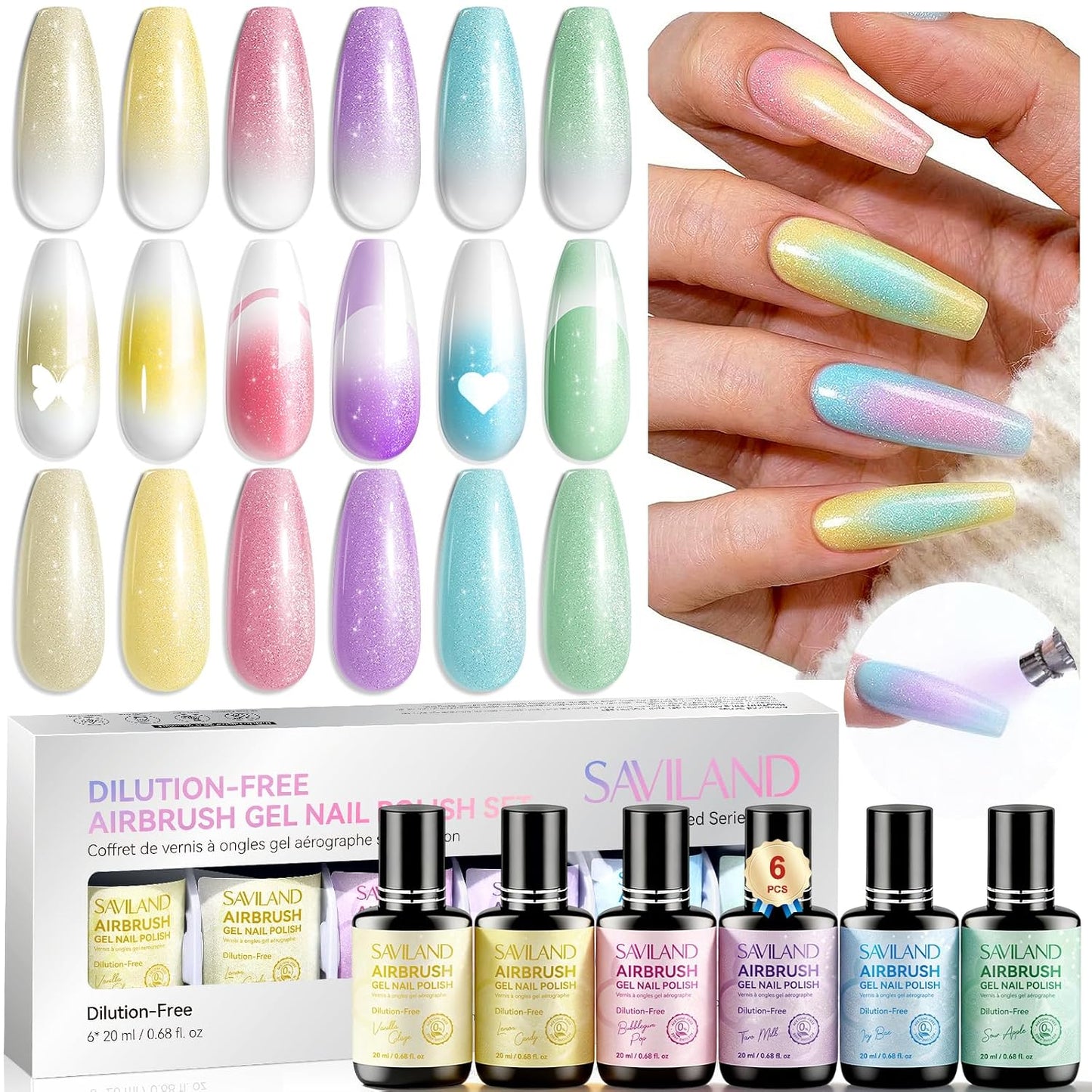 SAVILAND Airbrush Gel Nail Polish Set - Hema-Free, 30ML, Cool & Warm Colors | Non-Acetone Stencils for DIY Nail Art