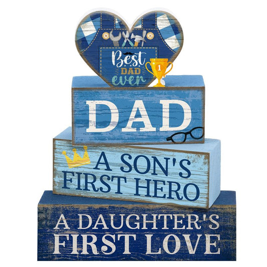 Lineshading 4 Pcs Fathers Day Table Decorations Wooden Blue Heart Trophy Decor Happy Father's Centerpieces Gifts for Dad from Daughter Son Fathers Day Decoration for Home Shelf Indoor Party Decoration