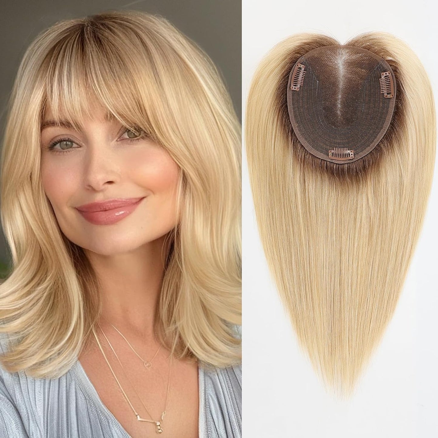 Real Human Hair Toppers for Women - 14 Inch Silk Base | Ash Blonde Mixed Brown with Bangs - 60g