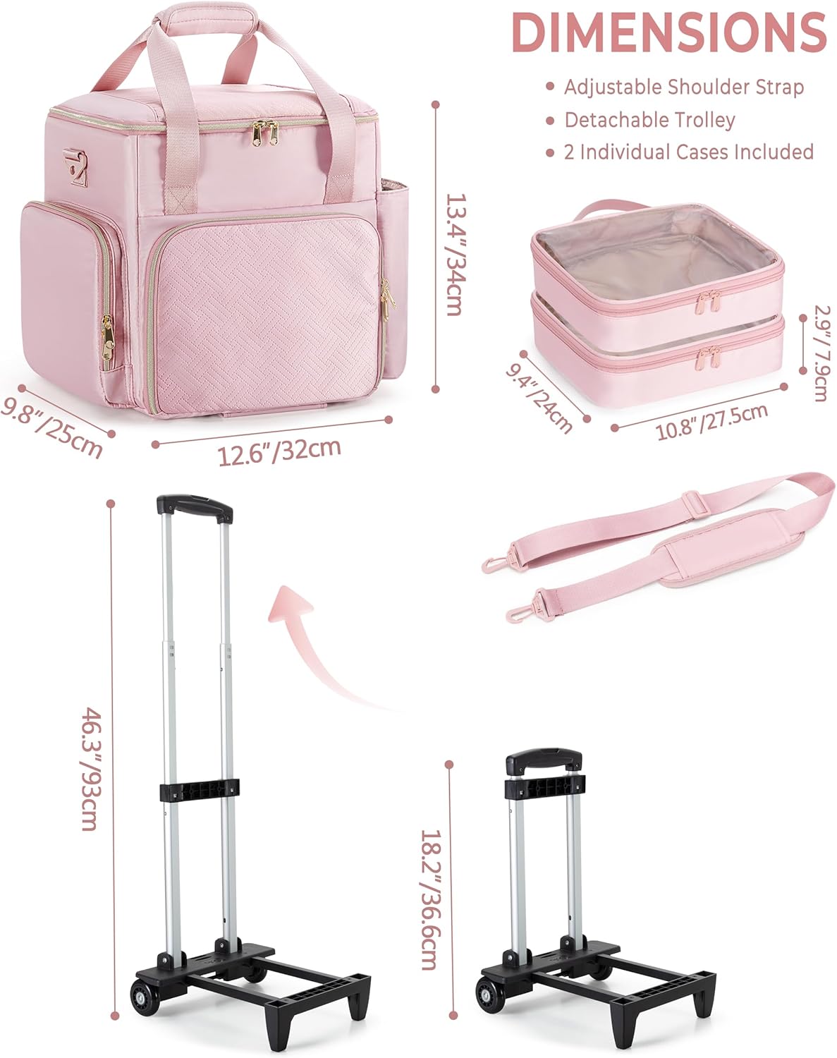 Rolling Hairstylist Travel Bag - Hair Tool Bag with 2 Pouches & Heat Insulation | Pink