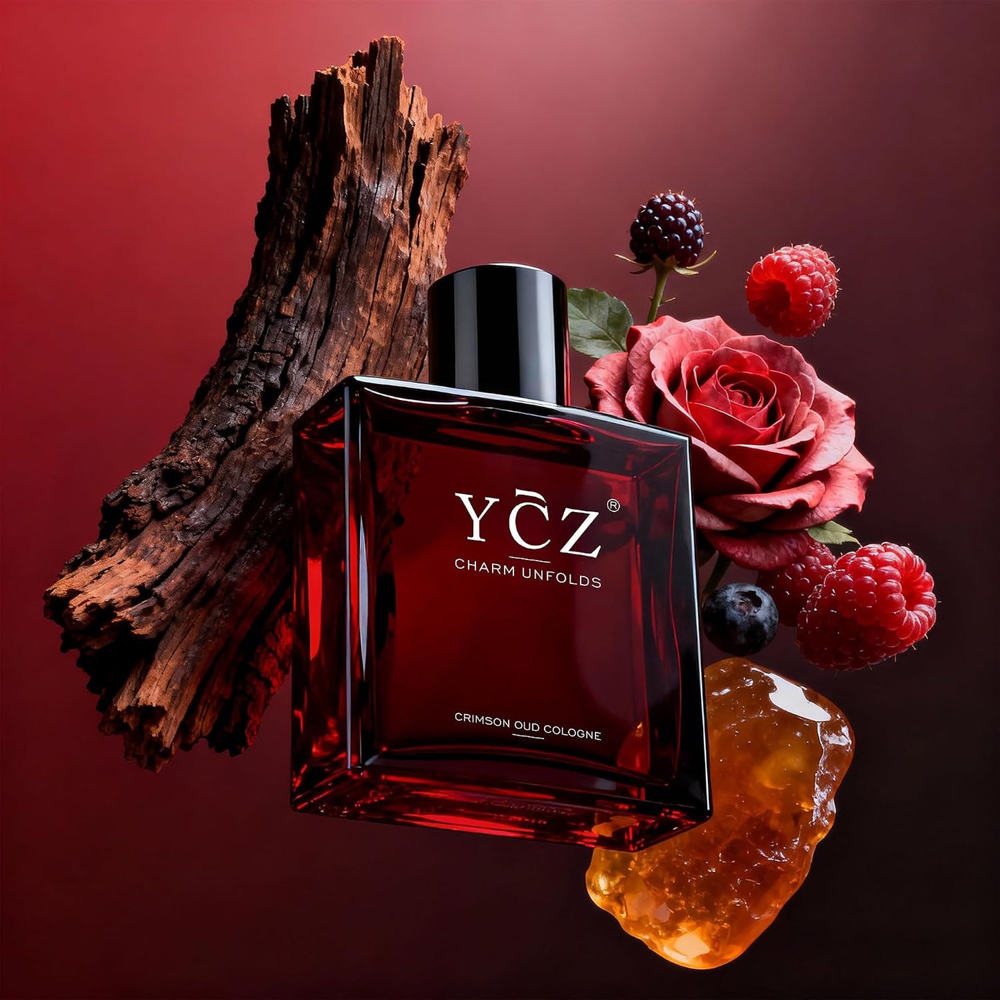 Ycz Crimson Oud Cologne for Men - Long-Lasting Oriental Woody Eau De Parfum | 1.7oz with Rose, Raspberry, Papyrus & Amber