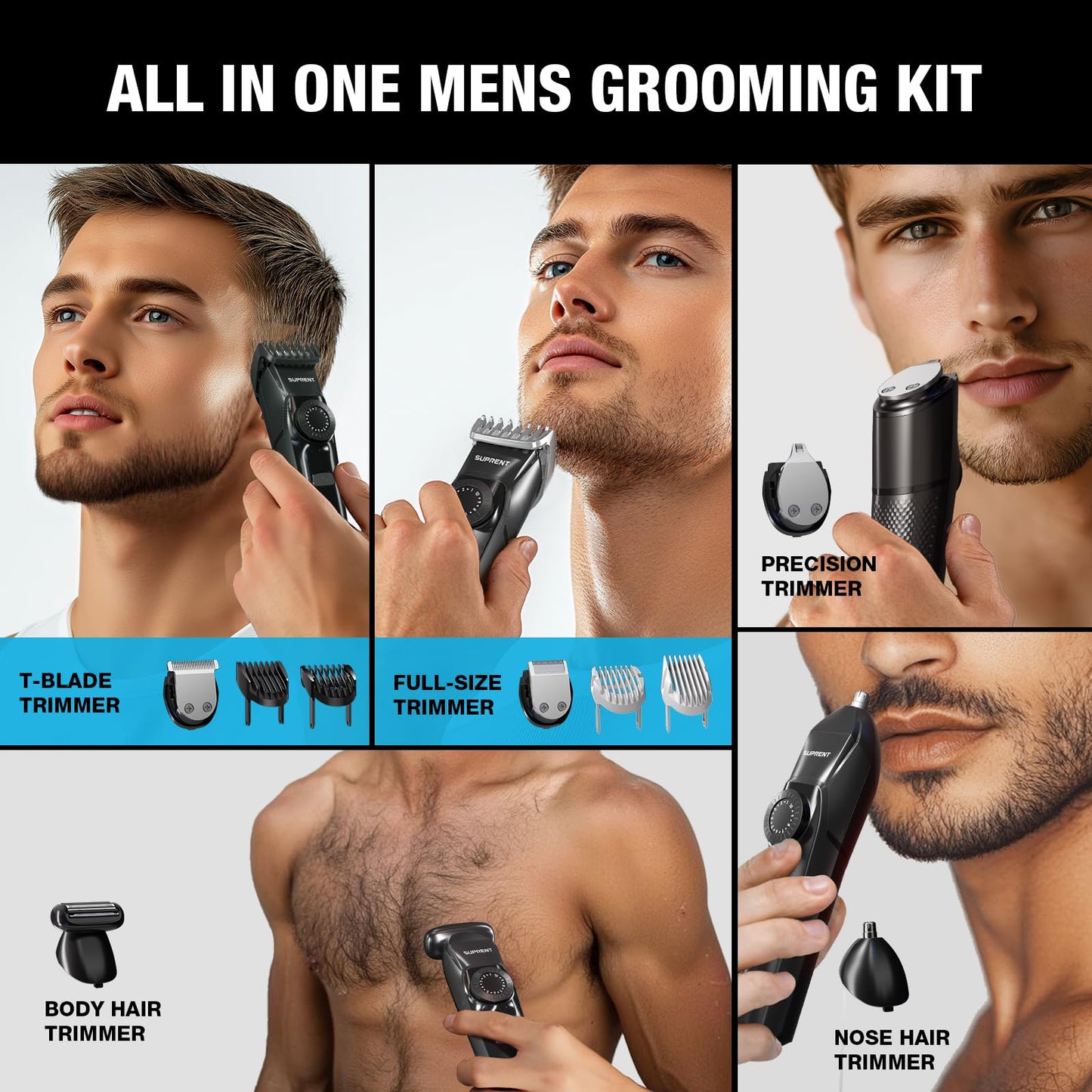 SUPRENT Beard Trimmers for Men - All-in-One Mens Grooming Kits with 40 Precision Dials，Waterproof Adjustable Trimmers for Hair, Beard, Face, Nose & Body, USB-C Rechargeable, 3.5H Running Time (Black)