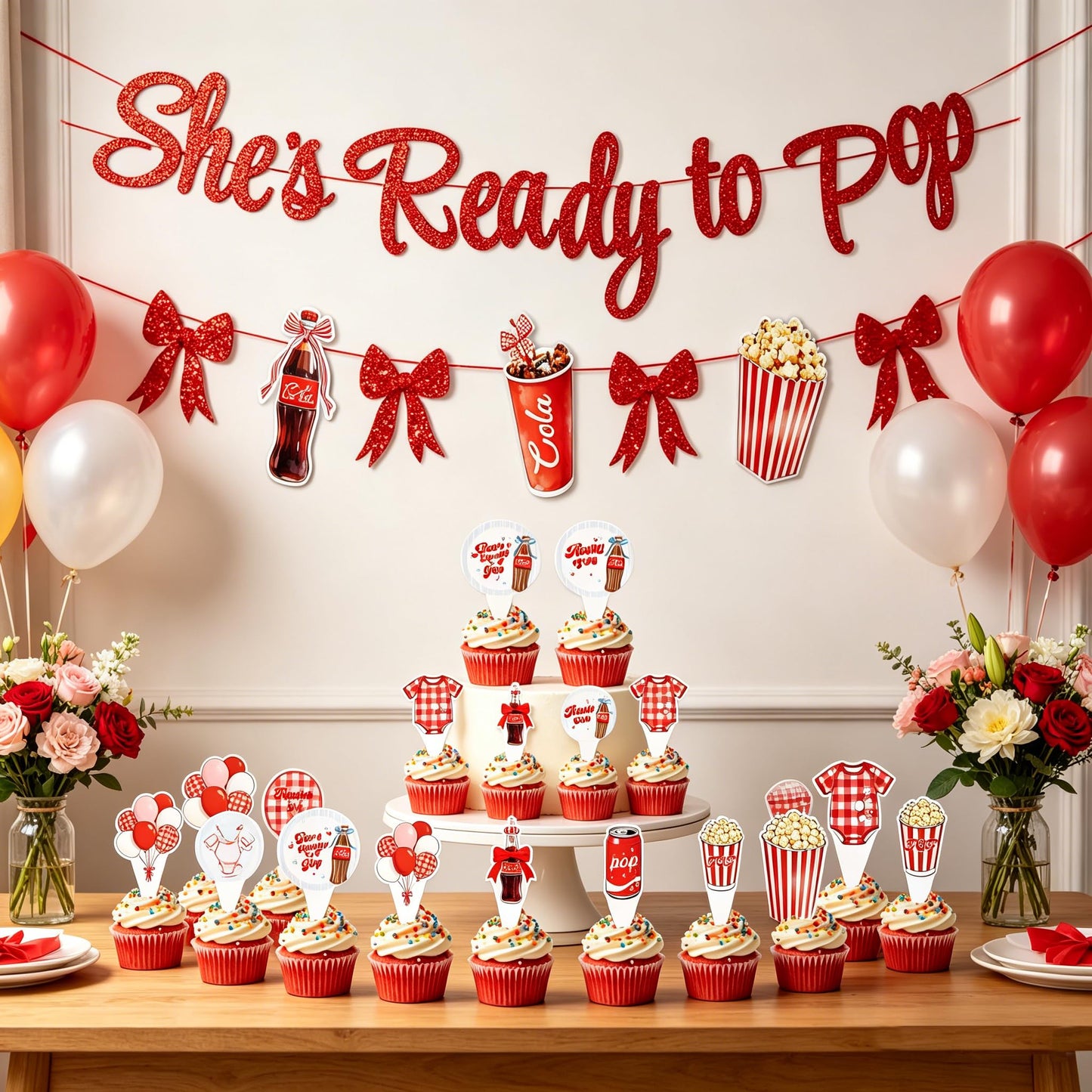 24PCS She's Ready to Pop Cupcake Toppers, Baby Shower Decorations Soda Theme, She's About to Pop Party Supplies for Gender Reveal Newborn