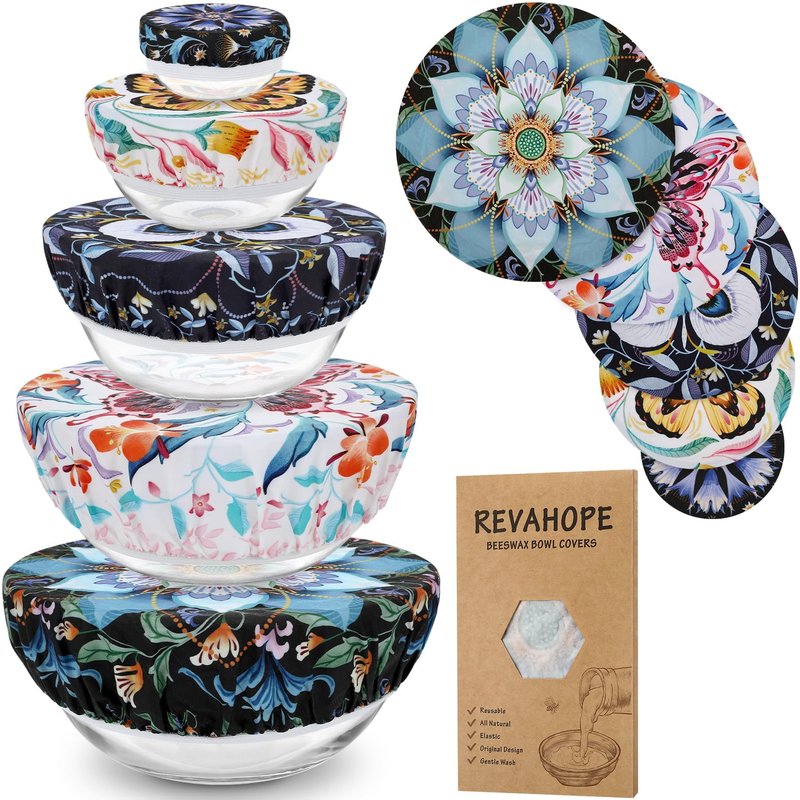 Revahope 5-Size Reusable Beeswax Bowl Covers for Bread Proofing, Cotton Cloth Flexible Beeswax Wraps for Food Storage