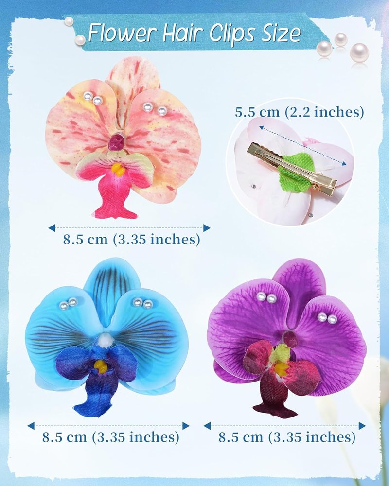 Hawaiian Flower Hair Clips - 3 Pack Tropical Orchid Pins with Pearl | Bridal & Beach Party Accessories (Blue, Purple, Pink)