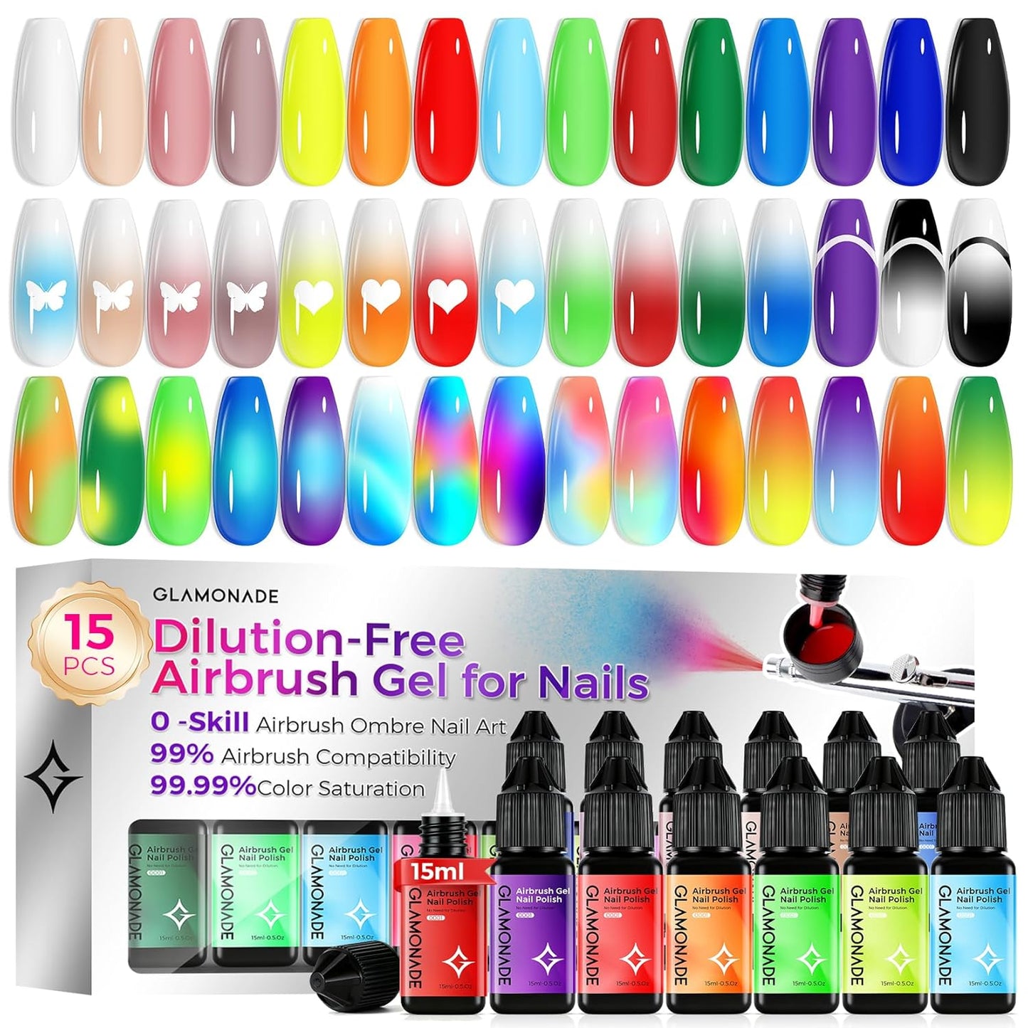 Airbrush Gel Nail Polish Kit - 15 Vibrant Colors | No Clogging, Smooth Spray, High Pigment for Ombre & French Nail Art