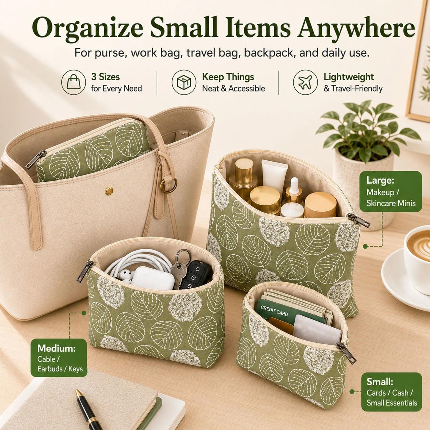 BBORGDC Small Cosmetic Bag Set of 3 for Purse, Green Floral Cotton Makeup Pouch Set, 3 Sizes Zipper Organizer for Travel & Toiletries, Gift for Her Birthday, Bridesmaid & Best Friend