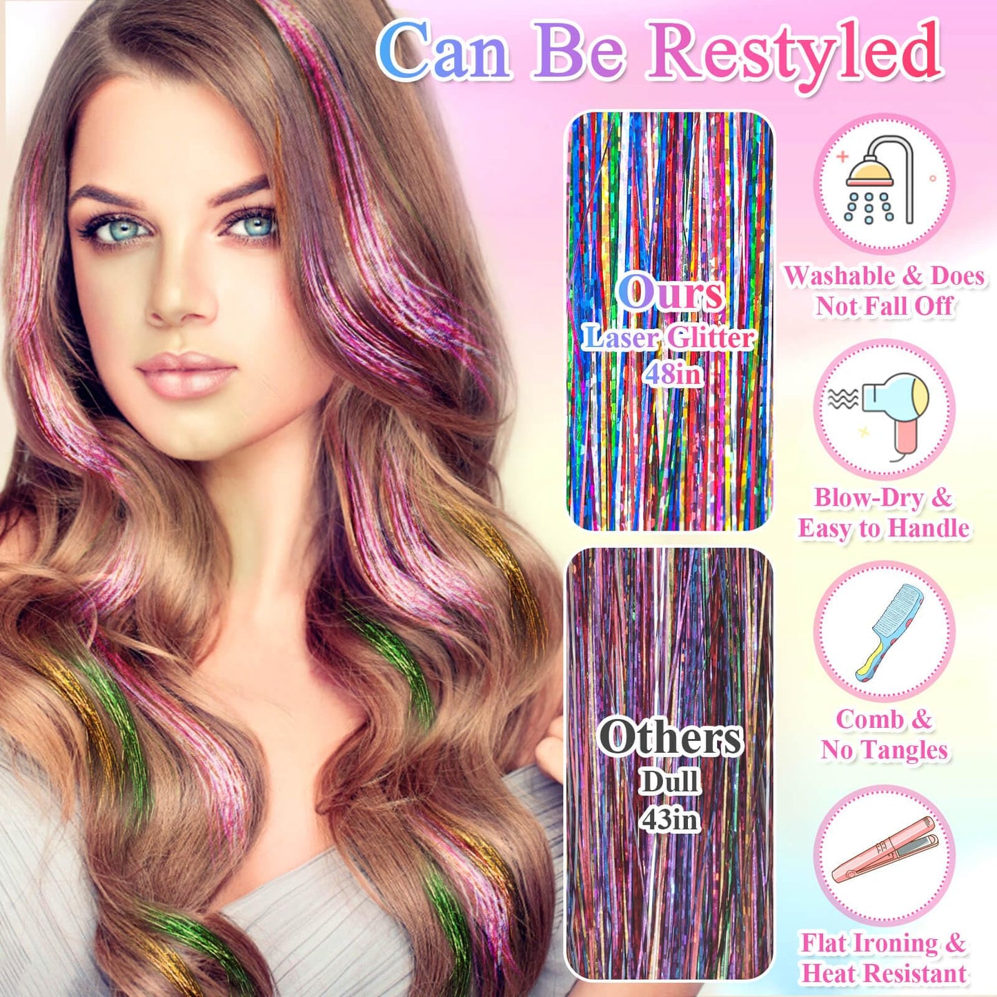 ROADPLUM Hair Tinsel Kit, 16 Colors, 3200 Strands Tinsel & 12 Colors Hair Feathers - Heat Resistant Shiny, Perfect for Cosplay or Party