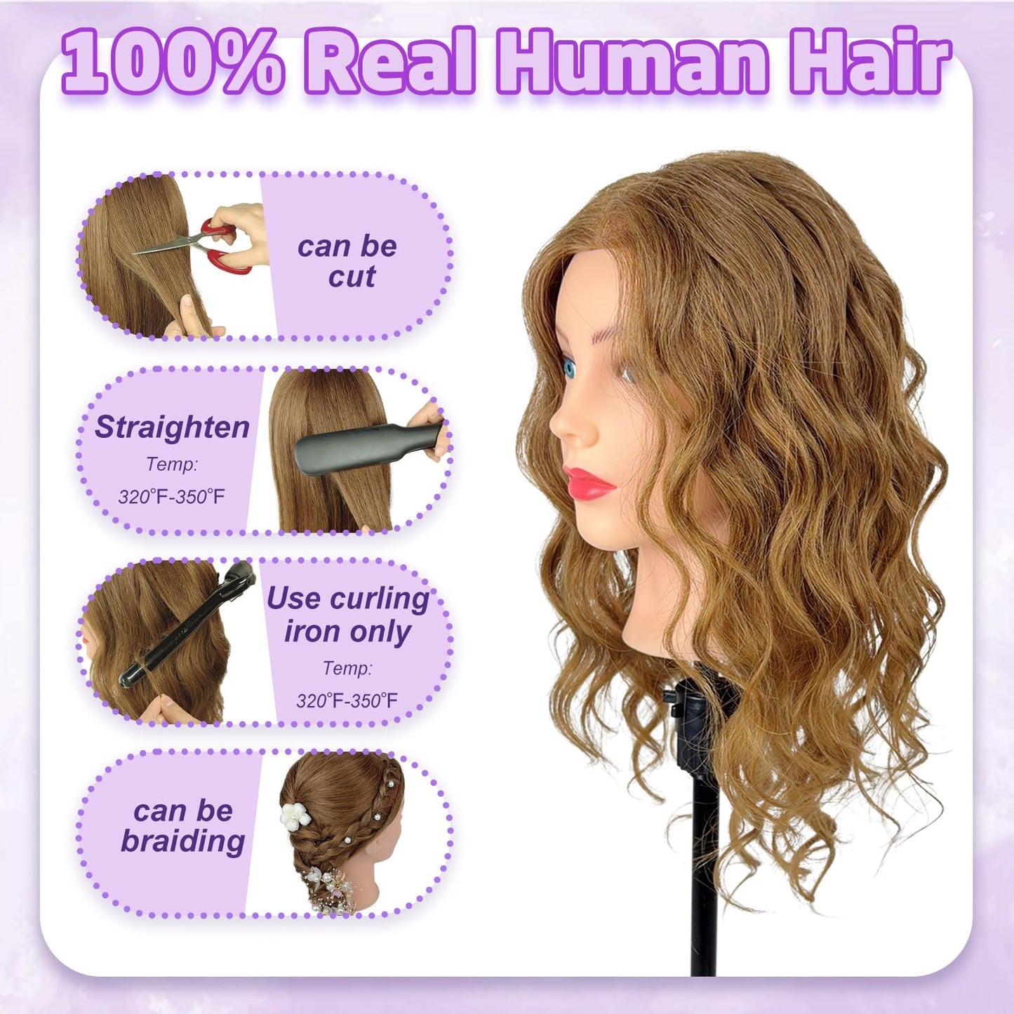 Mannequin Head Human Hair - Cosmetology Manikin Doll Head with 100% Real Hair for Hairdresser Practice Styling Braiding & Free Clamp Holder (Light Brown)