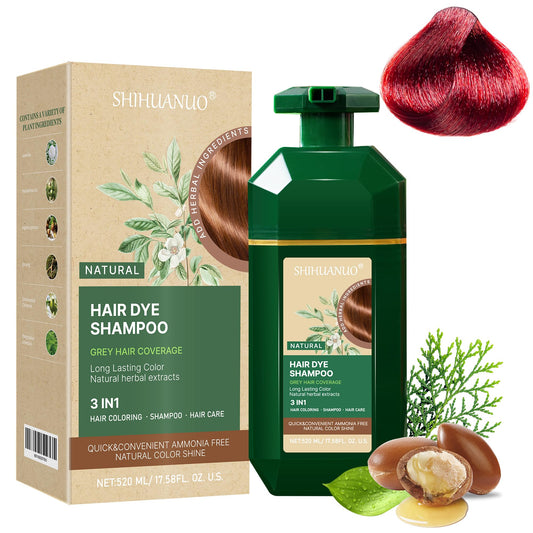 SHIHUANUO Hair Dye Shampoo 3 in 1 for Gray Hair Coverage, Herbal Ingredients Natural Shampoo Hair Dye for Women & Men/Ammonia-Free 520m（Wine Red）