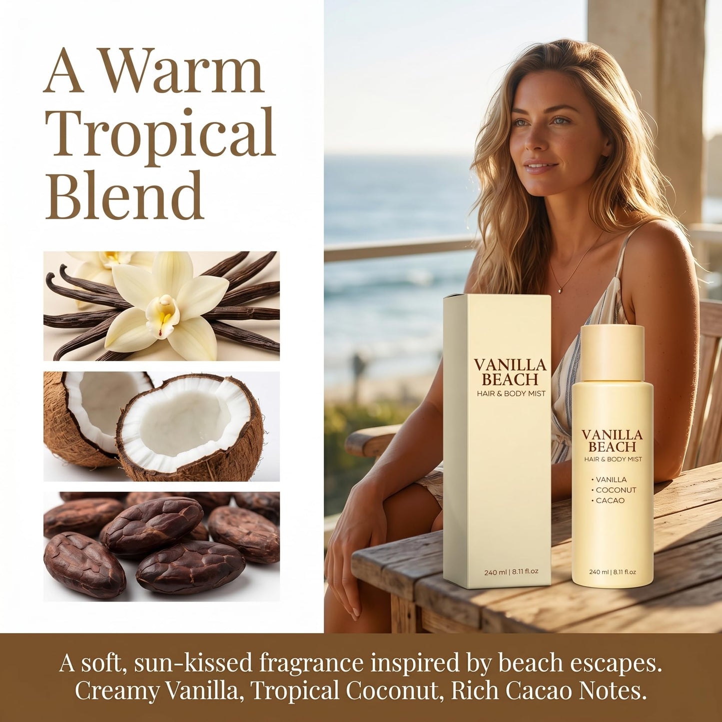 JEXZVR Vanilla Beach Hair and Body Mist - Warm Vanilla Coconut Fragrance Spray, Lightweight Refreshing Mist for Hair & Skin, Long-Lasting Tropical Scent, Summer Beach-Inspired Body Spray - 8.11 fl oz