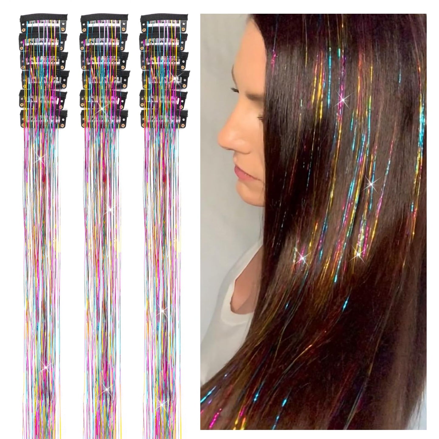 Qianyu 18 Pcs Hair Tinsel Clip in Colorful Glitter Tinsel Hair Extensions Shiny Sparkling Fairy Clips Party Dazzling Head Accessories for Festival Kids Women Girls (Rainbow)