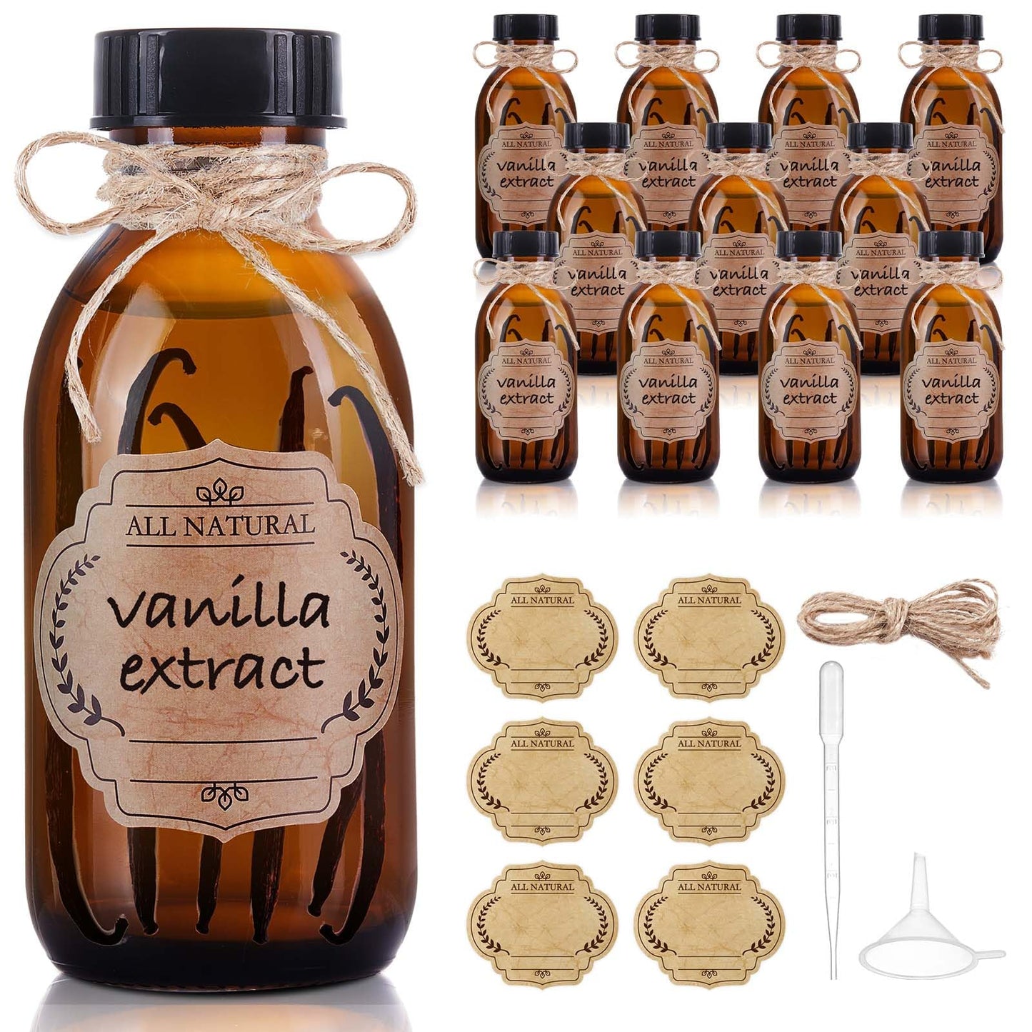 Elumeiro 12 Pack 4 oz Vanilla Extract Bottles, Amber Boston Glass Bottle with Cap Empty Brown Glass Bottles for Homemade Vanilla Extract, Essential Oils, Juice, Potion, Syrup, Liquids, Christmas Gift