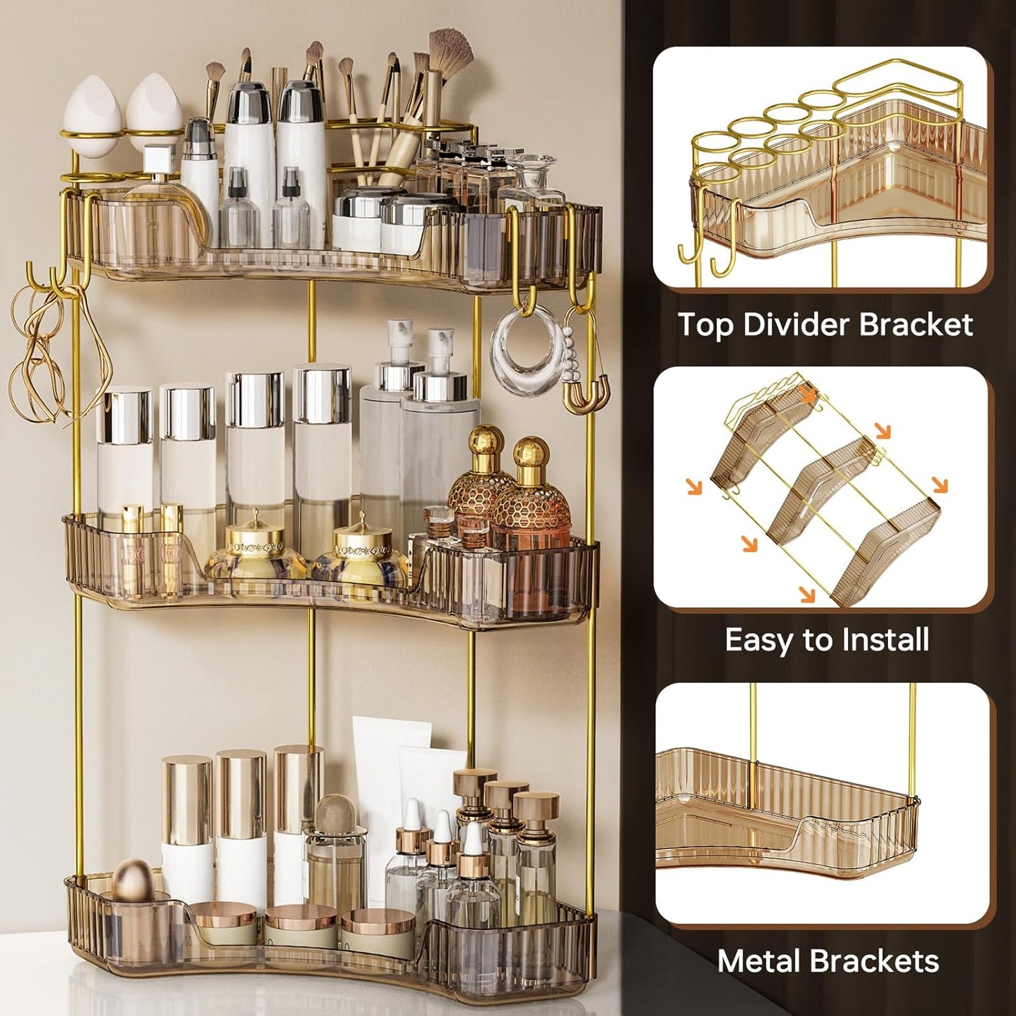 3-Tier Corner Bathroom Organizer - Makeup & Skincare Shelf with Built-in Brush Holder | Space-Saving Amber Design
