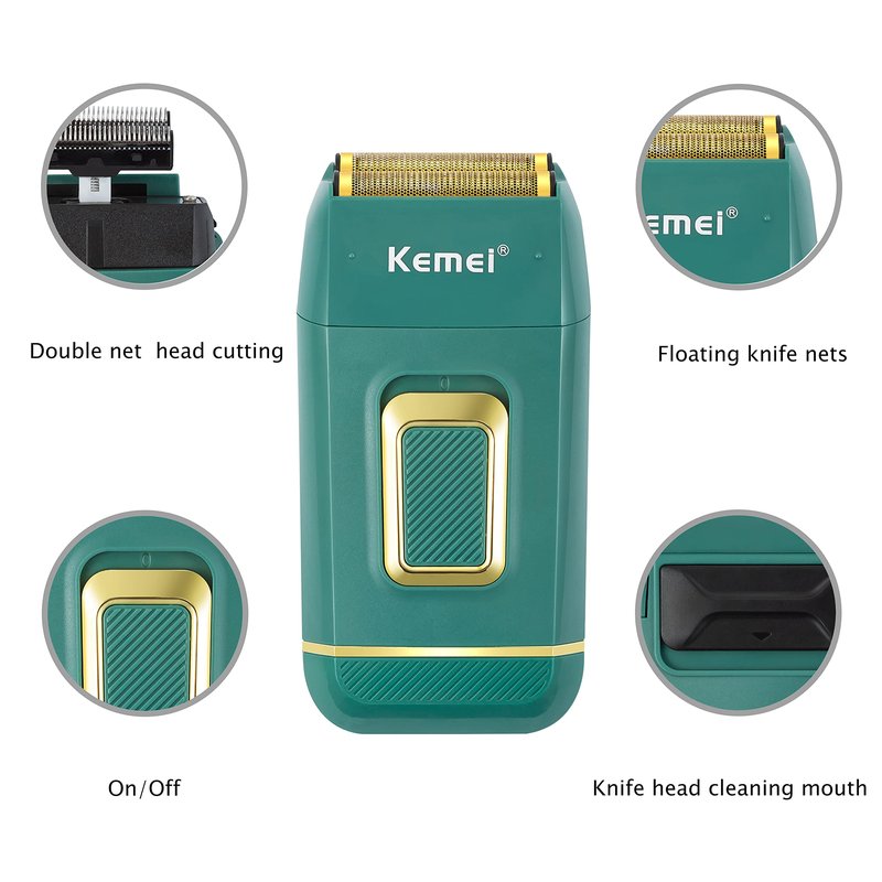 KEMEI Foil Shaver Double Electric Shaver for Men Electric Razors Head Shaver for Bald Men Barber Supplies Hair & Beard Trimmer Cordless Rechargeable, Green