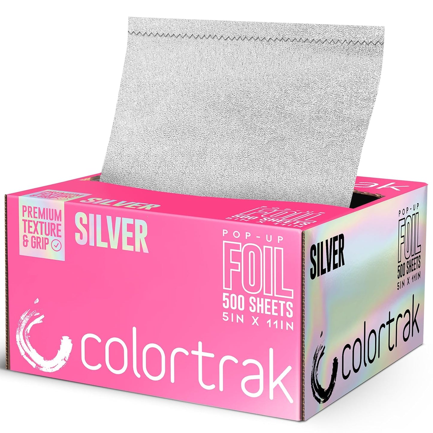 Colortrak Embossed Sheets Silver Aluminum Foil Pop-up Dispenser, 500 Pre-cut Sheets Non-slip Textured, for Hair Foil Coloring and Highlighting Applications Silver, 5 x 11