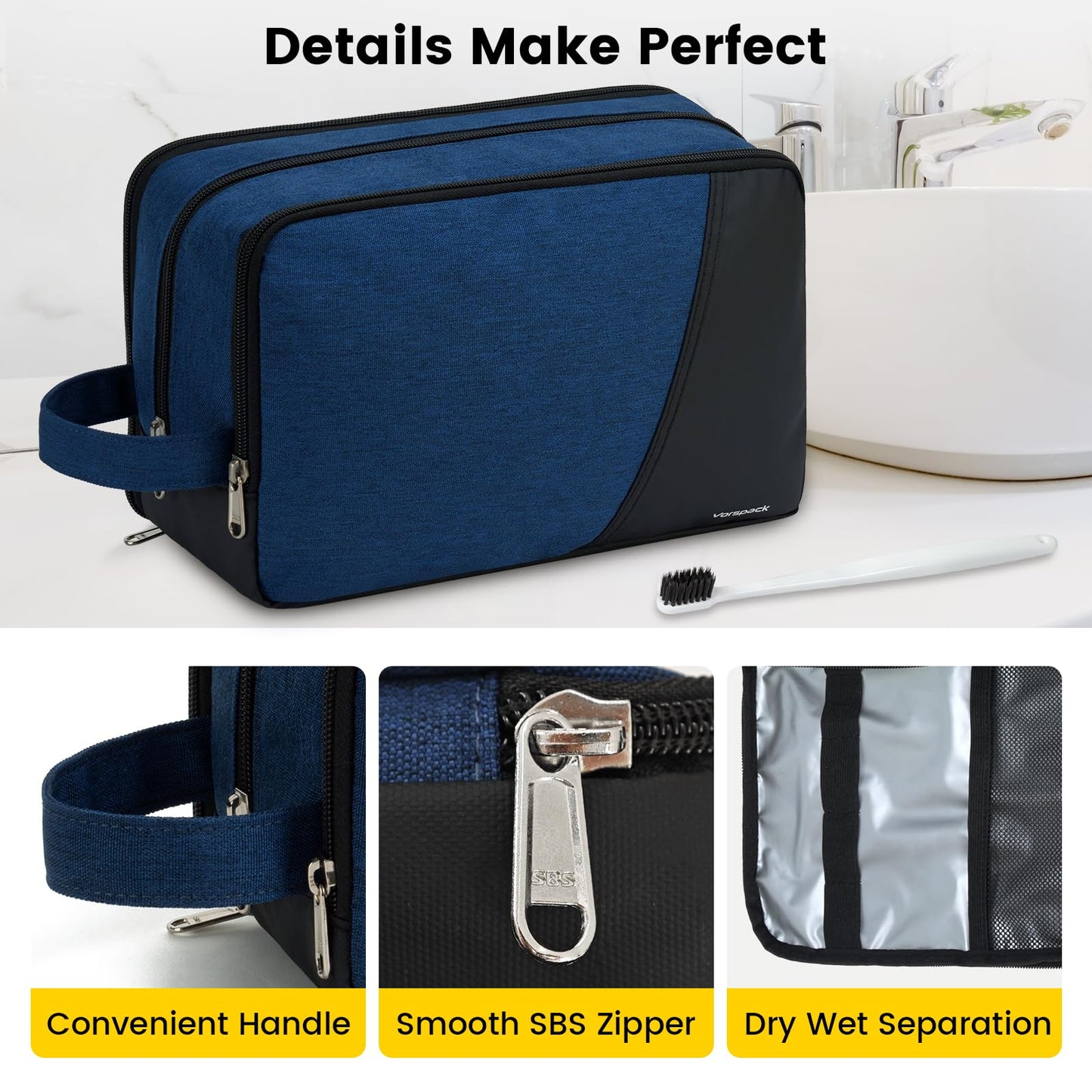 Vorspack Travel Toiletry Bag - Toiletry Bag for Men Water Resistant Skincare Bag for Bathroom Toiletries Accessories Gifts - Navy Blue
