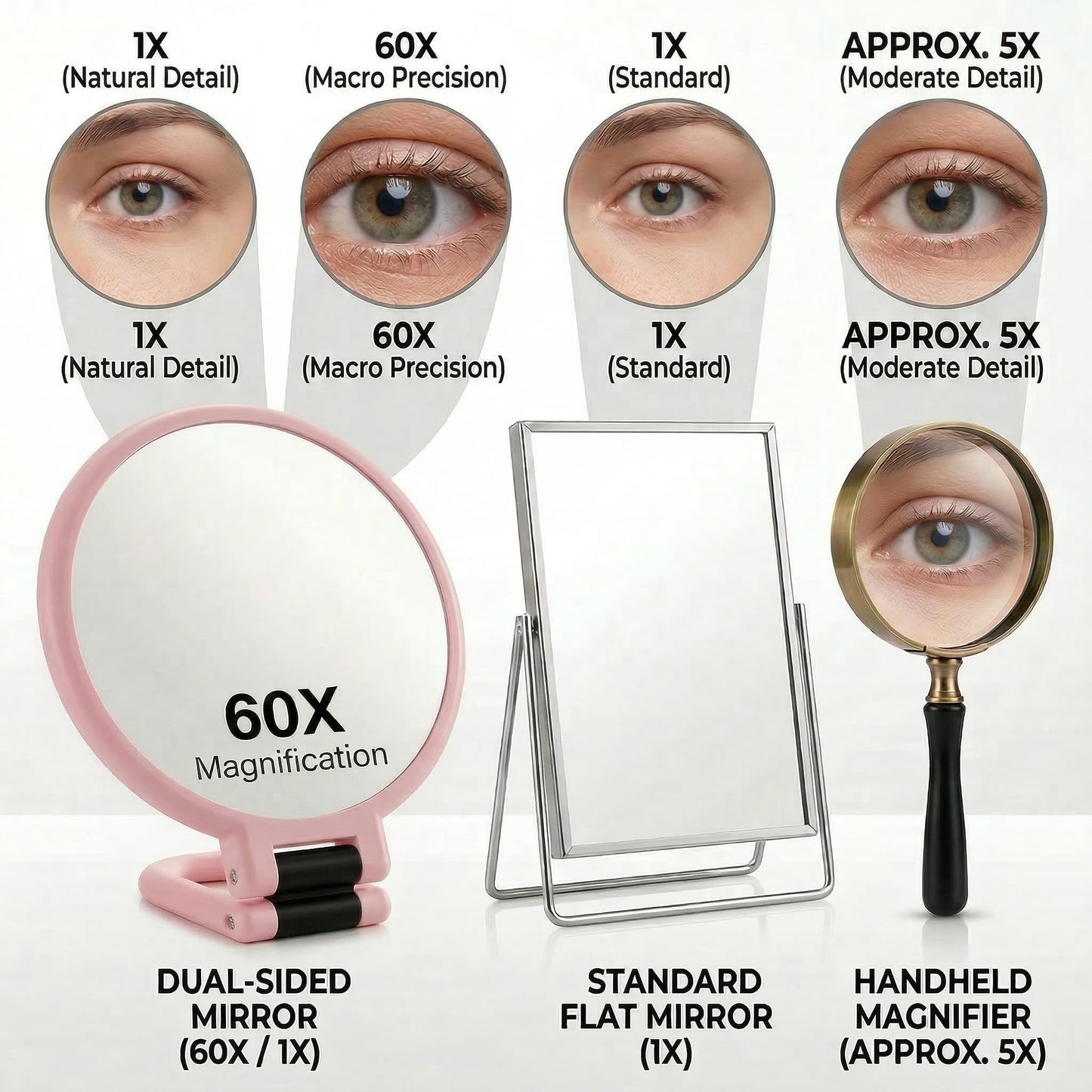 Magnifying Handheld Mirror Double Sided, 1X and 60X Magnification Hand Mirror, Travel Folding Hand Held Makeup Mirror with 360° Rotation Pedestal for Vanity, Dressing Table and Daily Use Pink