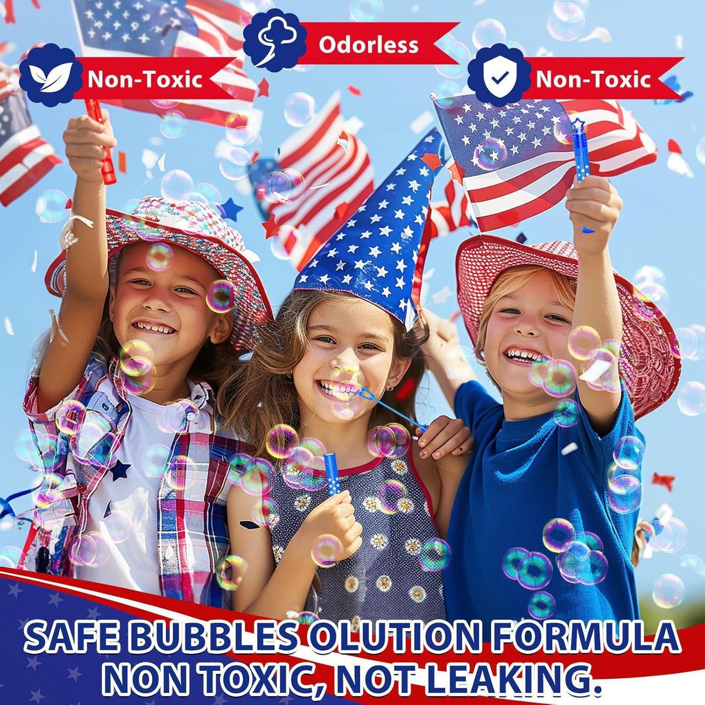 4th of July Party Favors - 100 Mini Bubble Wands | Patriotic Red, White & Blue Bubbles for Kids' Birthday Celebrations