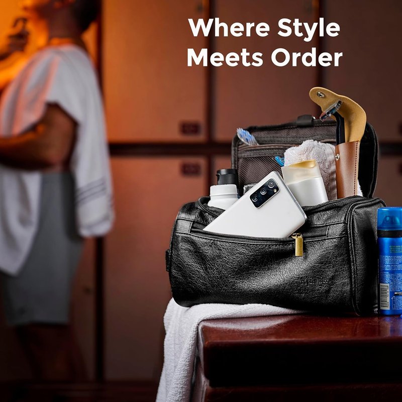 Mens Toiletry Travel Bag - Premium PU Leather Organizer with Razor Case & Dust Bag | Black - Ideal for Travel, Gym, and Everyday Use