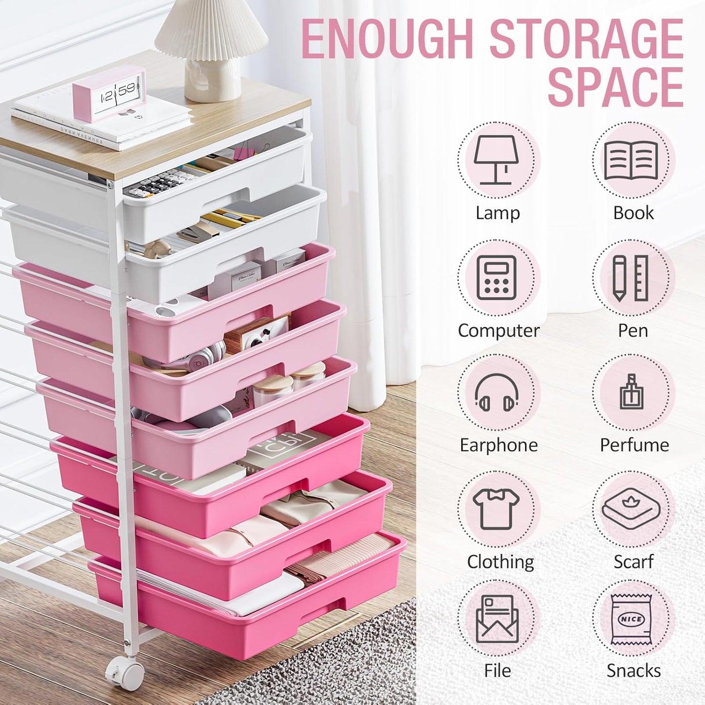 Rolling Cart with Drawers - Pink Storage Cart with 8 Plastic Drawers & Wooden Tabletop | Ideal for Crafts & Teachers