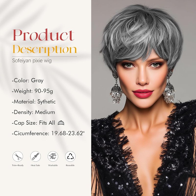 Pixie Cut Wig - Short Gray Synthetic Wig with Bangs | Heat Resistant, Natural Look for Daily Wear