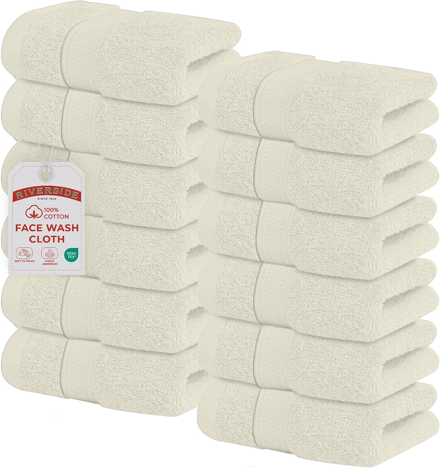 Riverside 12-Pack 100% Cotton Hunter Green Face Towels - Super Soft, Absorbent Washcloths for Bathroom, Spa & Gym | 12x12 Inches