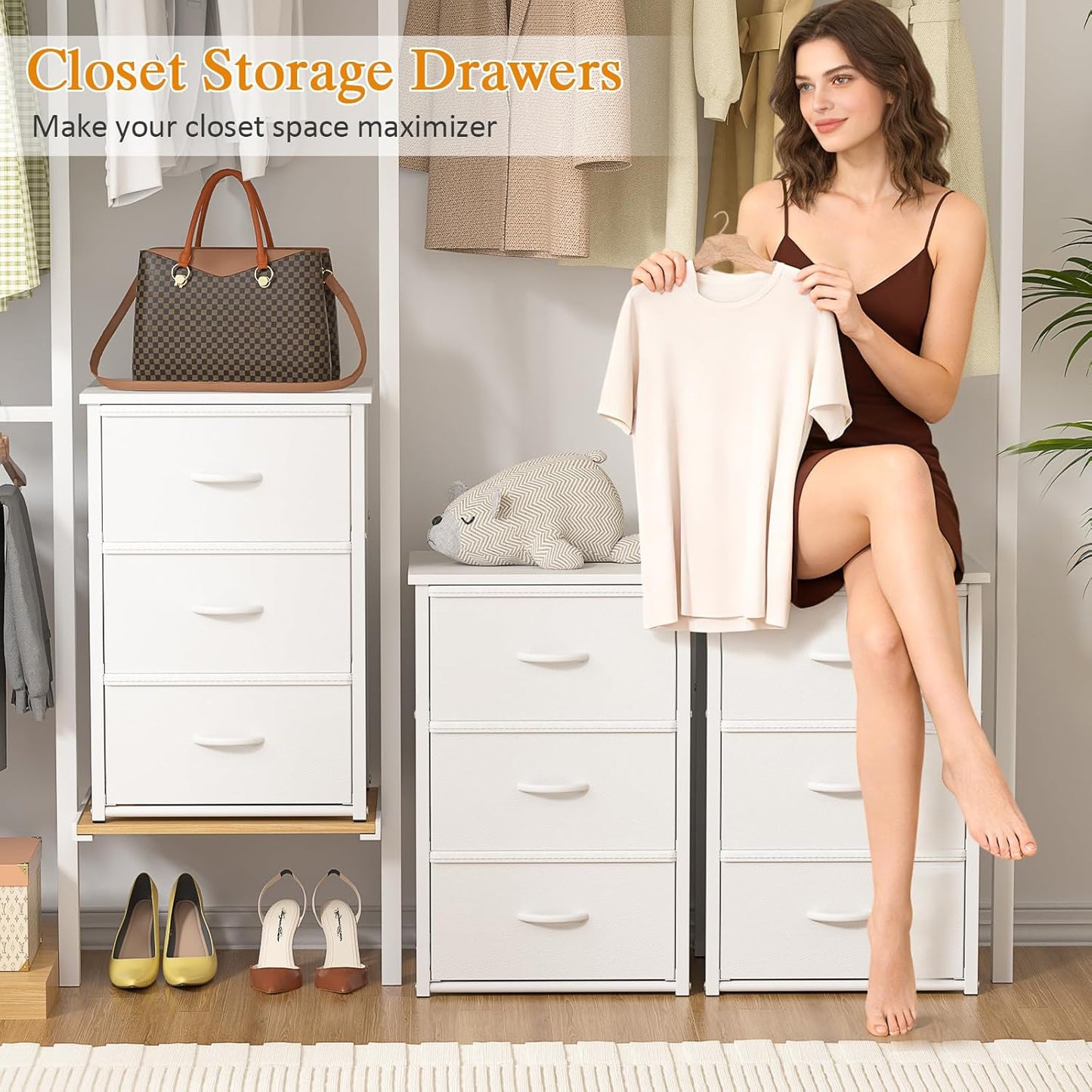 DAOUTIME Stackable Storage Drawers - 2-Pack White Closet Organizer with Wooden Top & Metal Frame | Versatile Dresser for Bedroom & Living Room