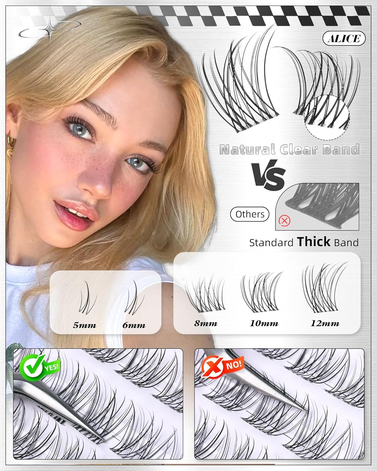 Eyelash Clusters - Natural Short Wispy Extensions 8-12mm | Individual Lashes with Clear Band & 5-6mm Bottom Lashes