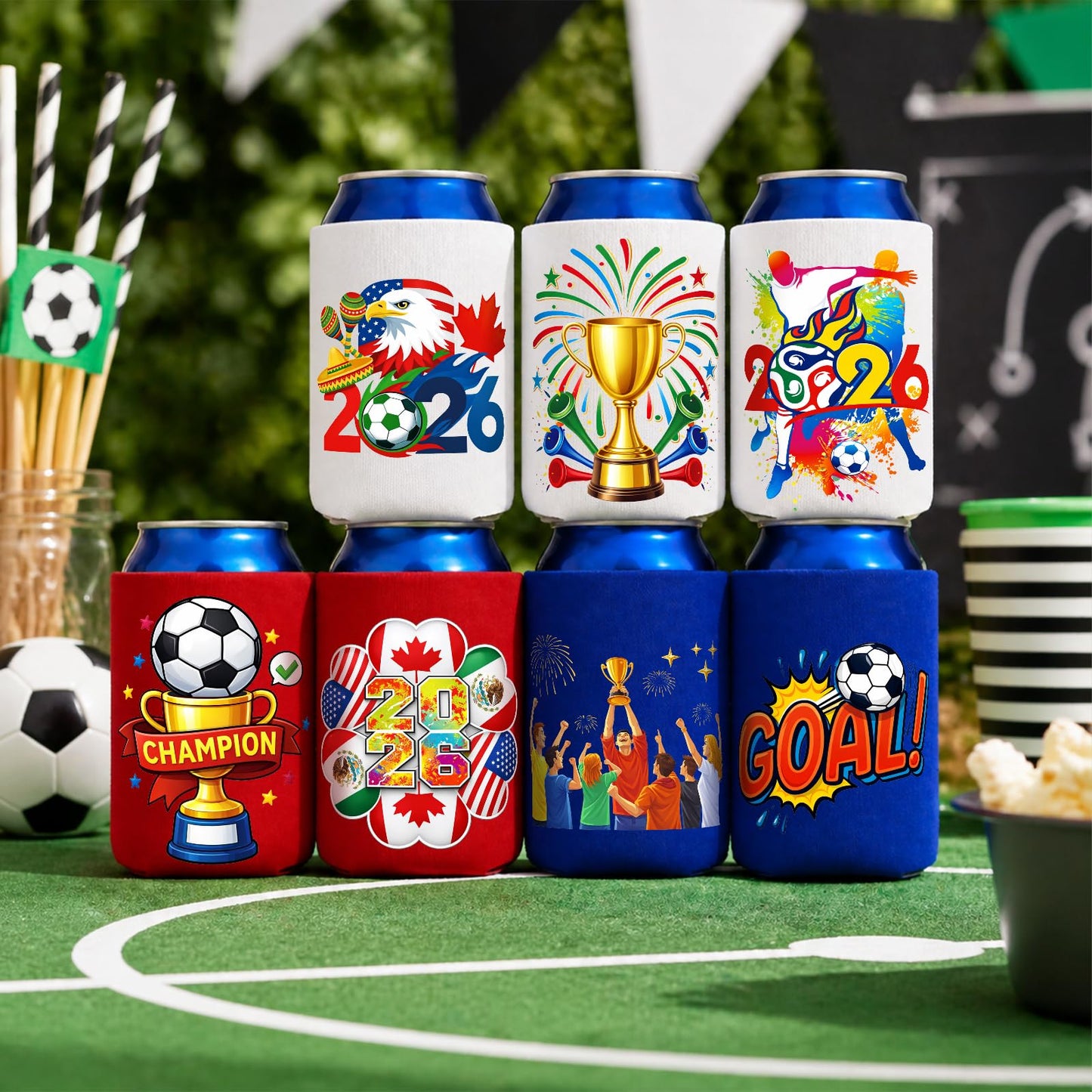 Soccer Sports Can Cooler 7 Pcs Reusable Neoprene Beer Sleeve Insulator Gifts for Soccer Fans, Football Watch Parties & Sports Events