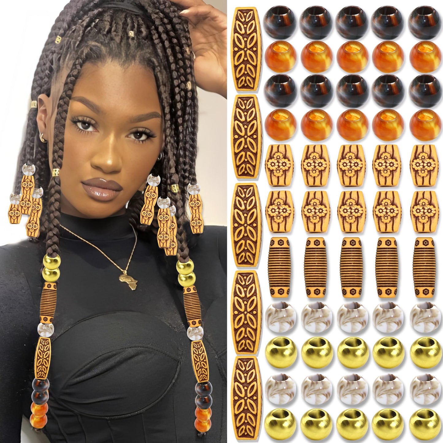 NAISKA 60PCS Wood Hair Beads for Braids Brown Long Tube Beads 7 Styles Hair Jewelry for Women Braids Acrylic Round Imitation Wood Dreadlock Bead African Braids Accessories for Women Girls