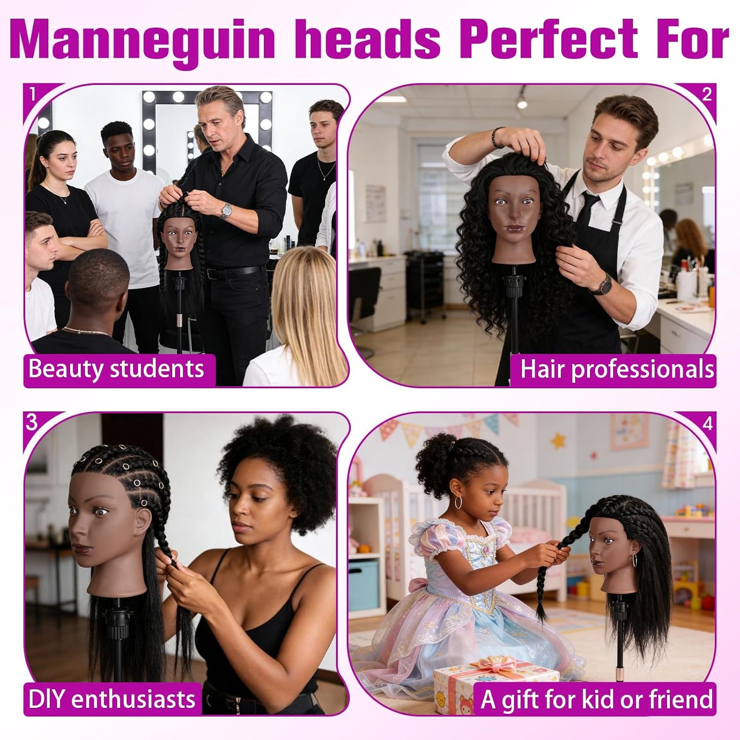 Real Hair Mannequin Head - 22'' Human Hair Cosmetology Training Doll with Clamp Holder & Tools | Black