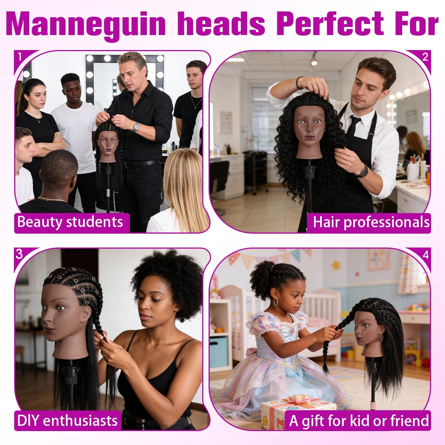 100% Real Hair Mannequin Head,22''Human Hair Mannequin Cosmetology Manikin Doll Head Hair Styling Hairdressing Practice Training Head with Clamp Holder and Tools（Black）