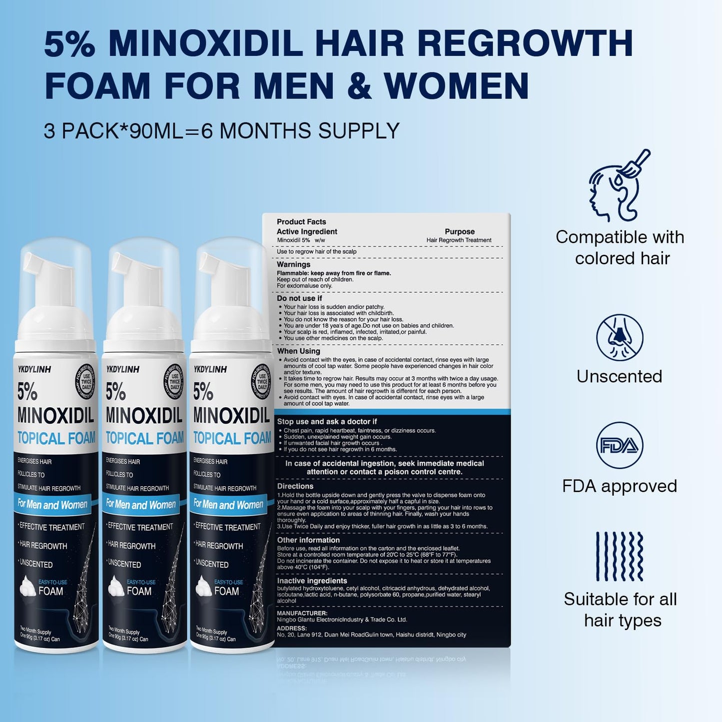 5% Minoxidil Foam– Hair Regrowth Treatment for Men & Women, Prevents Hair Thinning & Strengthens Roots, Minoxidil Foam for Fuller, Healthier Hair,9.52 Ounce (Pack of 1)