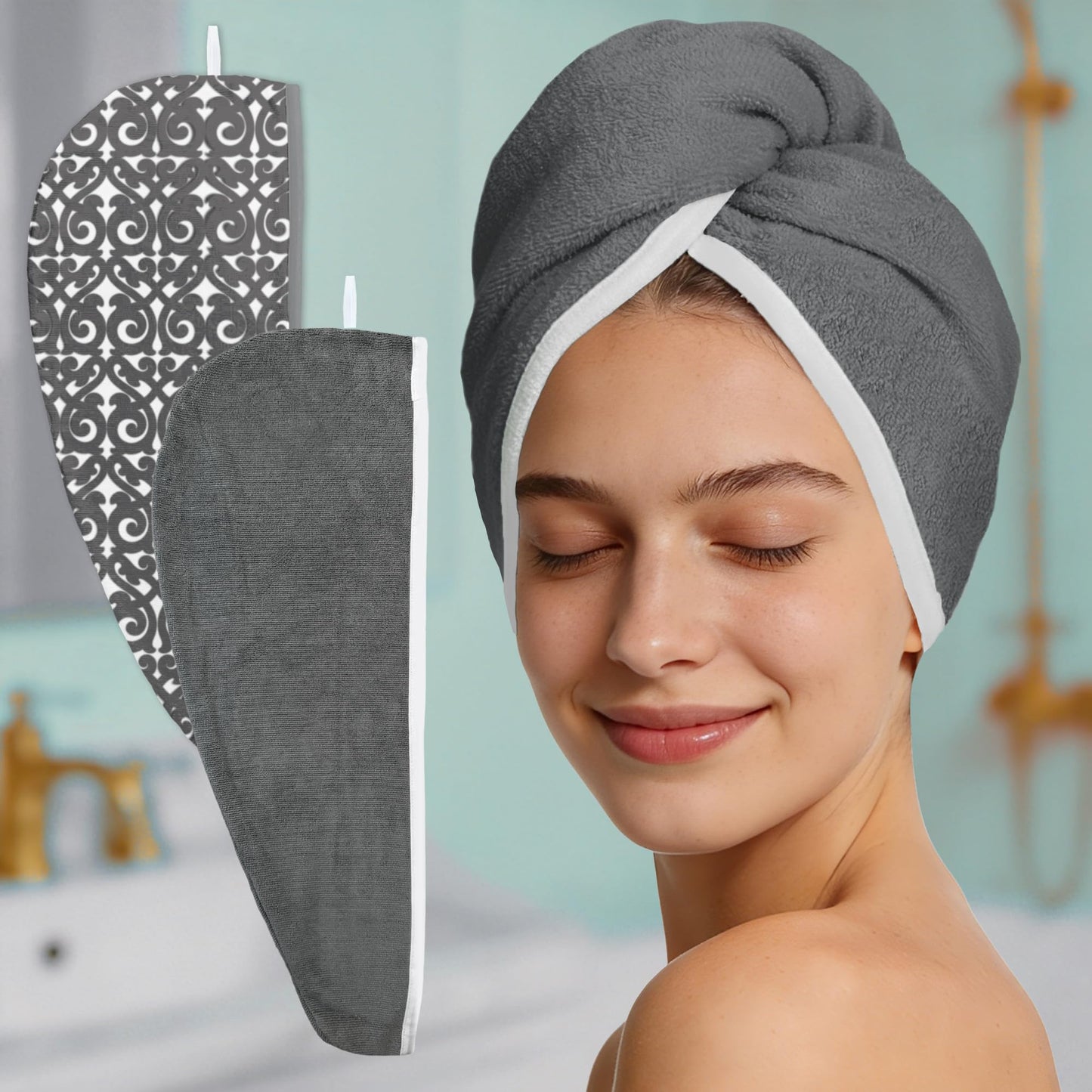 VOOVA & MOVAS Dark Gray Microfiber Hair Towel, 2-Pack Button-Free Elastic Loop Hair Turban, Ultra Soft Quick Dry Hair Wrap, Highly Absorbent Anti Frizz Towel