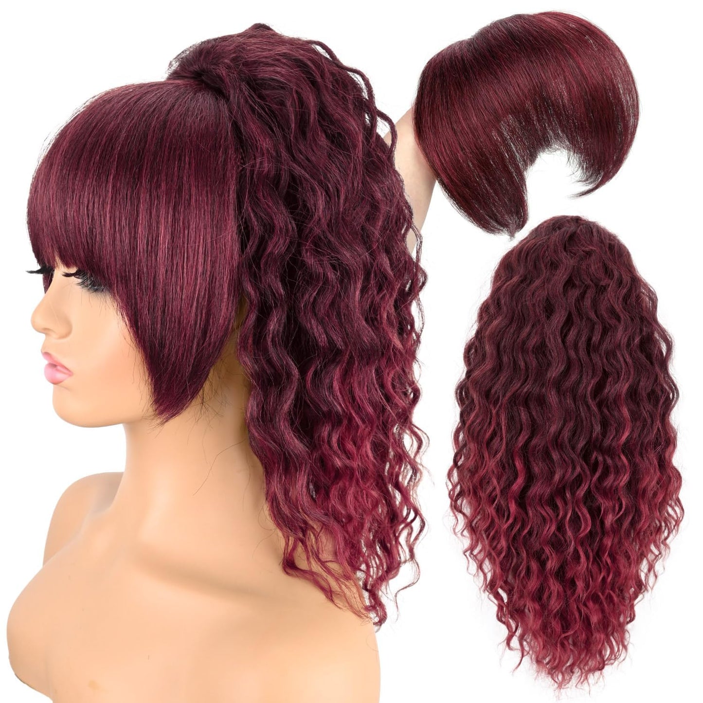 Ponytail Extension with Bangs - Yaki Curly 20 Inch Drawstring Hairpiece | Wavy Layered Synthetic Ponytail for Women