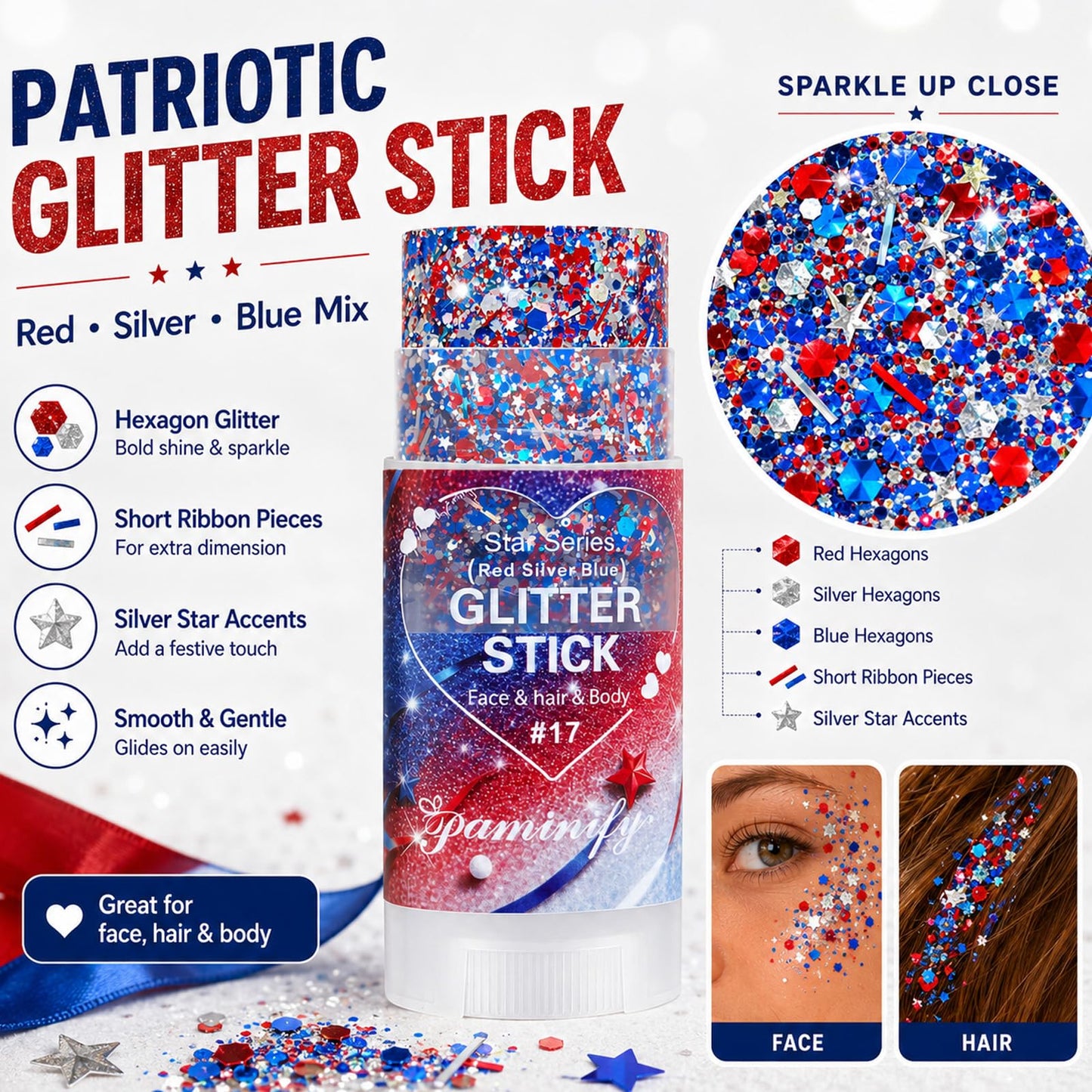 Paminify Red White Blue Hair Glitter Stick,4th of July Patriotic America Stripe Star Face Body Glitter,Fourth of July Accessories,Independence Day Waterproof Cheer Glitter Makeup for Women