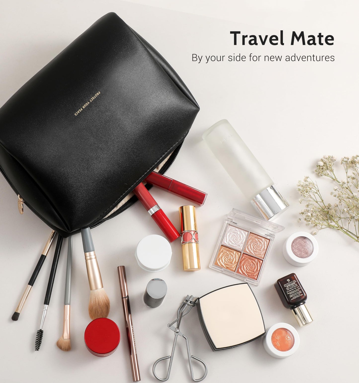 Aveniee Travel Makeup Bag, Large Toiletry Bag for Women, Vegan Leather Travel Pouches Case, Make Up Bag for Travel Essentials Brushes, Cosmetic Bag Purse Organizer with Divider and Gold Zippers-Black