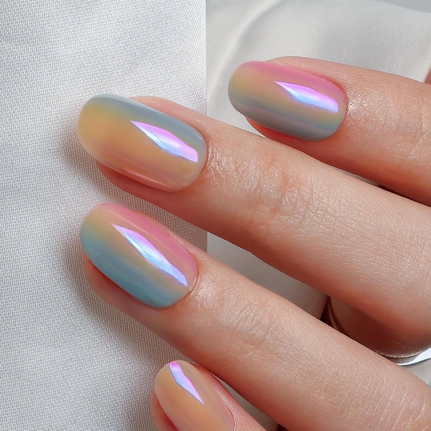 Chrome Press On Nails - Oval Soft Gel Nude Short for Women | 32 Reusable Glossy Glue-On Nails in 16 Sizes