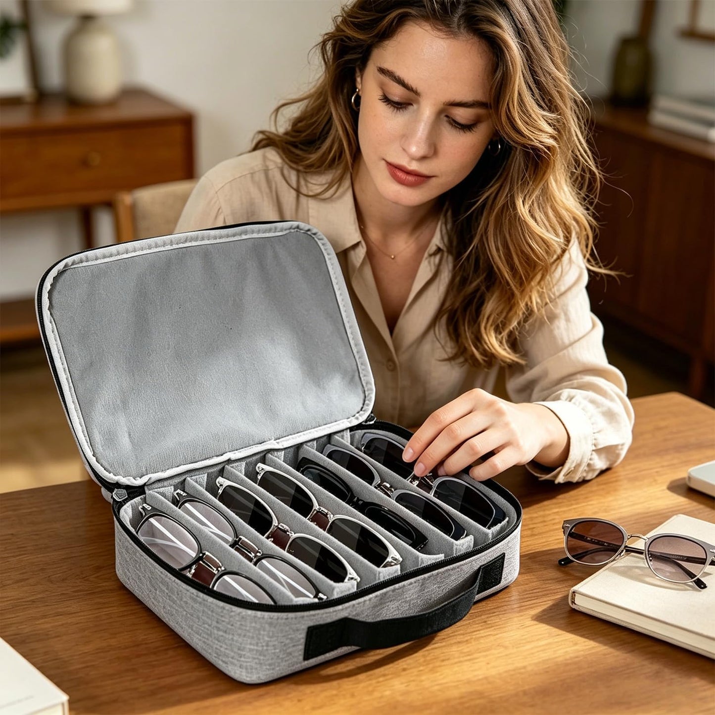 Travel Sunglasses Organizer Glasses Case Multiple Pairs Adjustable Slots Portable Eyeglasses Case Storage Box for Men Women (grey)
