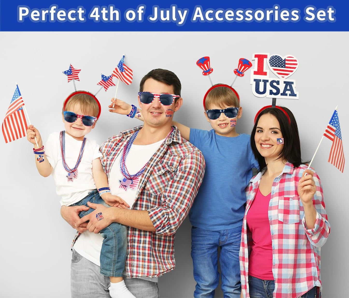 4th of July Accessories Set - 188PCS Party Favors & Decorations | Headbands, Glasses, Necklaces, Tattoos