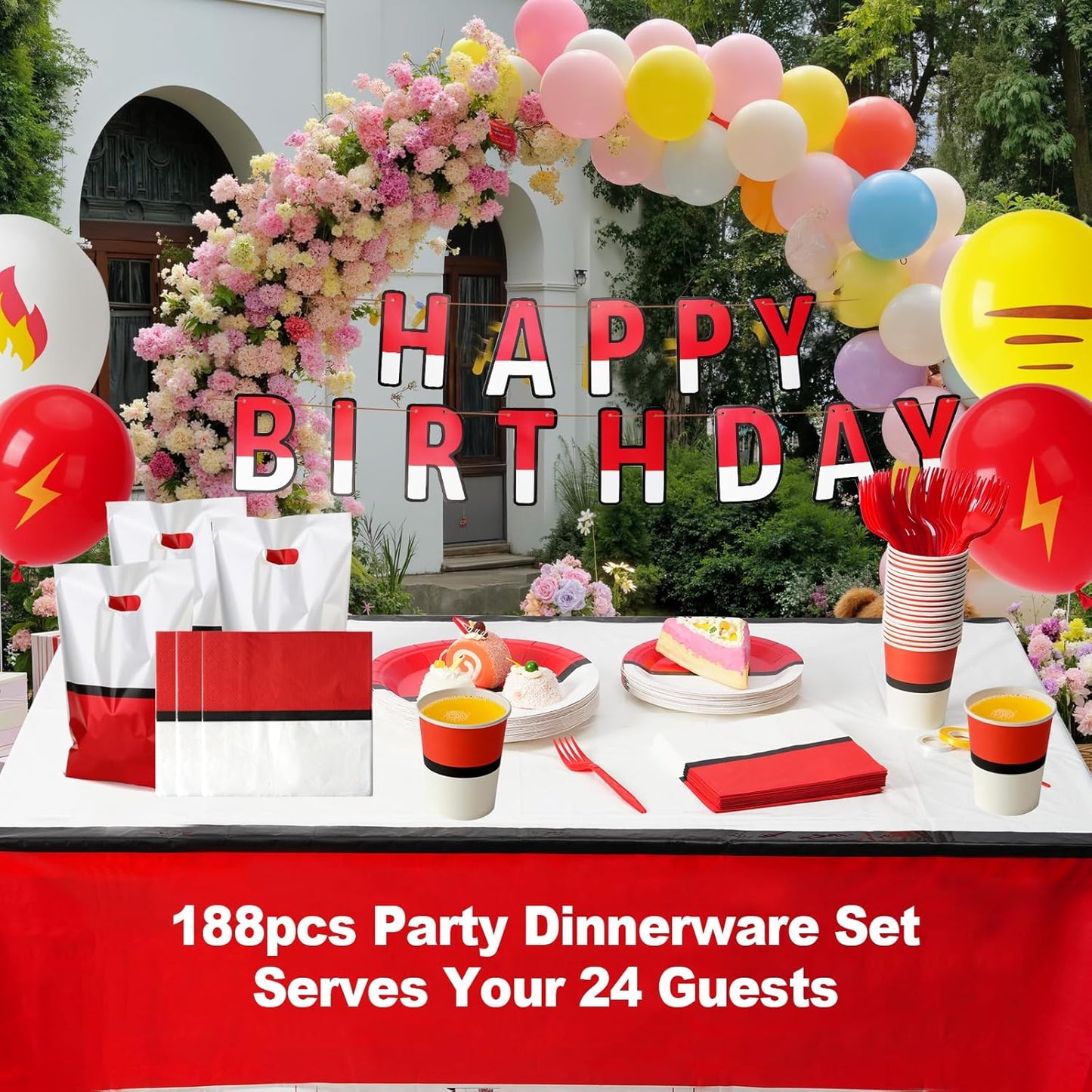 Anime Birthday Party Supplies Kit - 188 Pcs Disposable Tableware Set for 24 Guests | Plates, Napkins, Cups, Balloons & More
