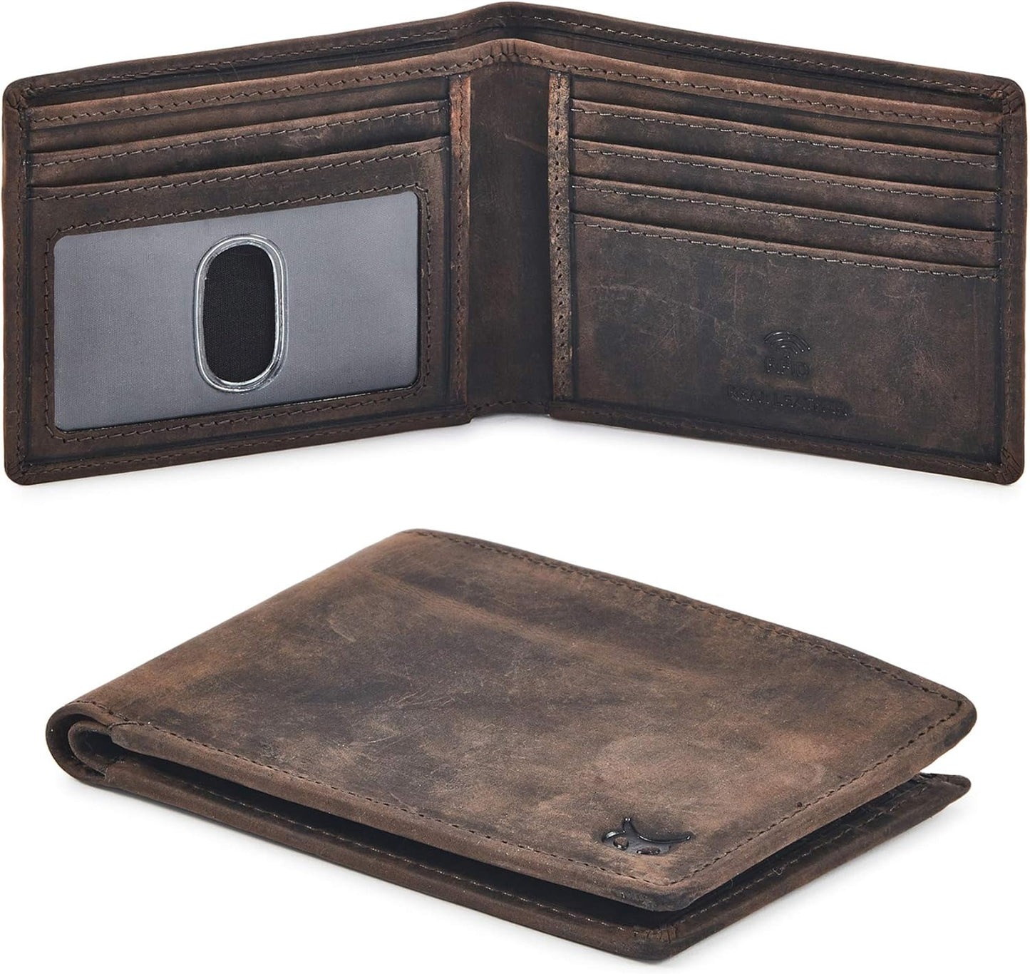 Real Leather Mens Bifold Wallet | RFID Blocking Slim Minimalist Design - Thin & Stylish with ID Window in Gift Box (Crazy Horse, Coffee)