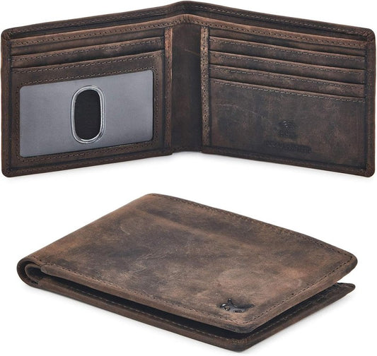 Real Leather Mens Bifold Wallet | RFID Blocking Slim Minimalist Design - Thin & Stylish with ID Window in Gift Box (Crazy Horse, Coffee)