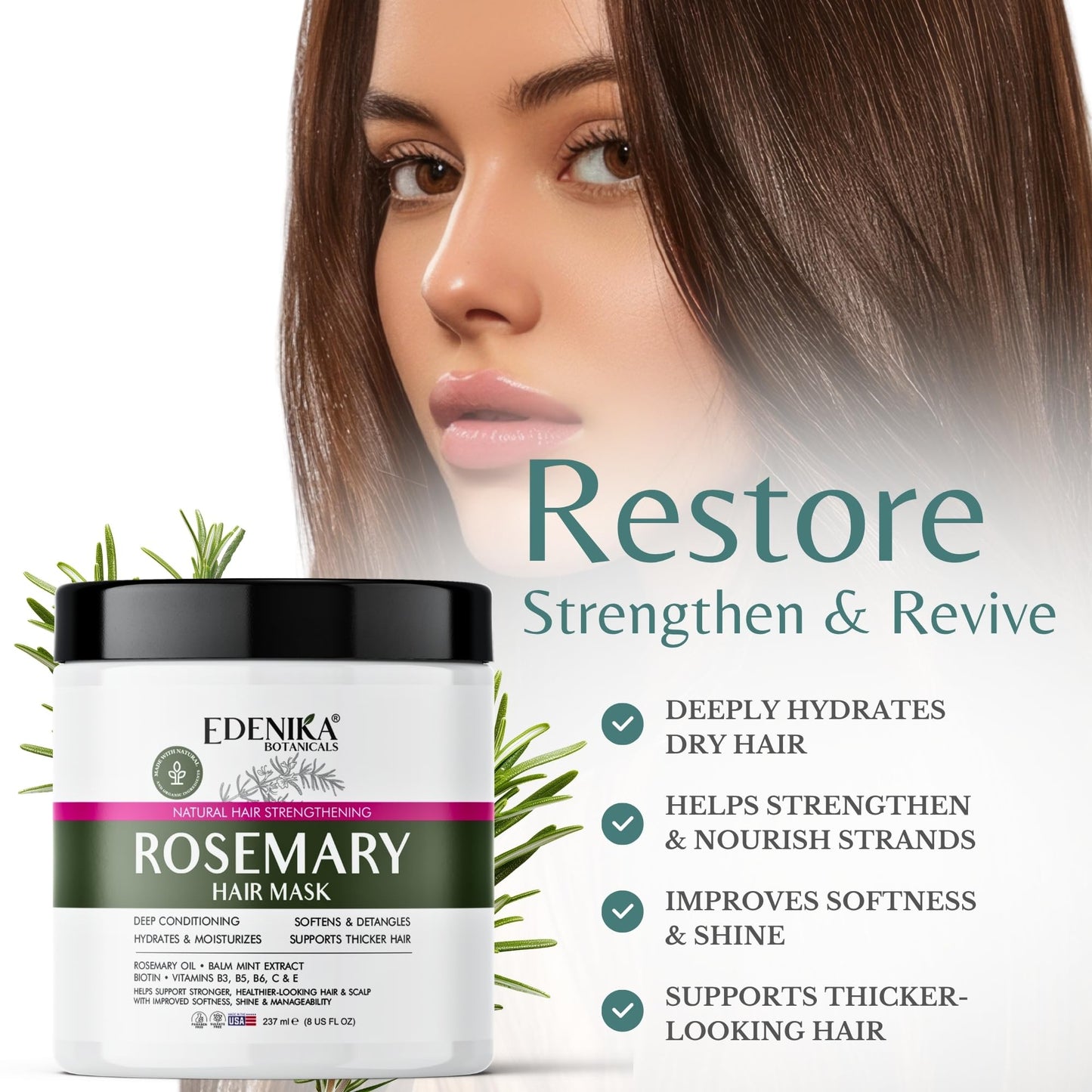 EDENIKA BOTANICALS Rosemary Hair Mask with Rosemary Oil & Biotin, Deep Conditioning Hair Treatment, Helps Strengthen Hair, Hydrates & Moisturizes, Supports Thicker-Looking Hair, Sulfate-Free