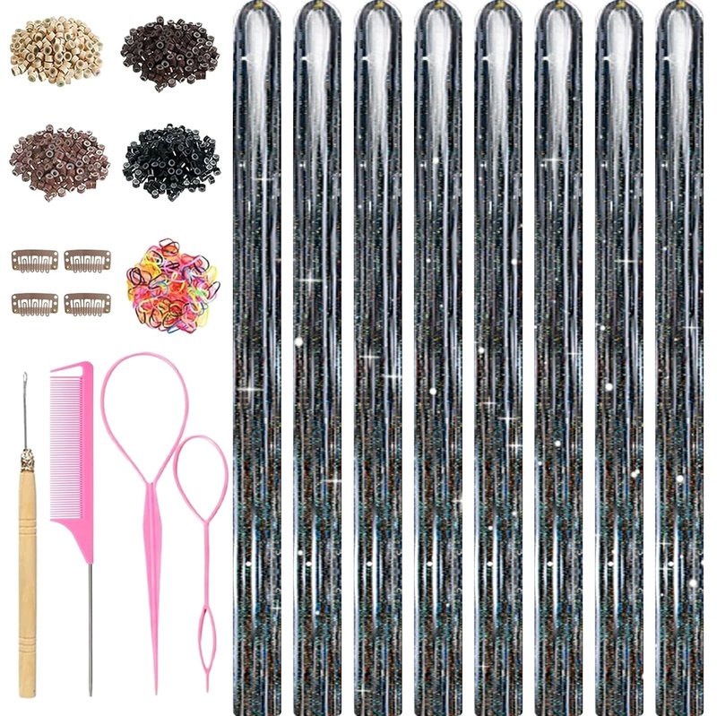 Black Hair Tinsel - 8 Pcs Fairy Hair Tinsel Kit | 48 Inch Glitter Hair Extensions for Parties & Festivals